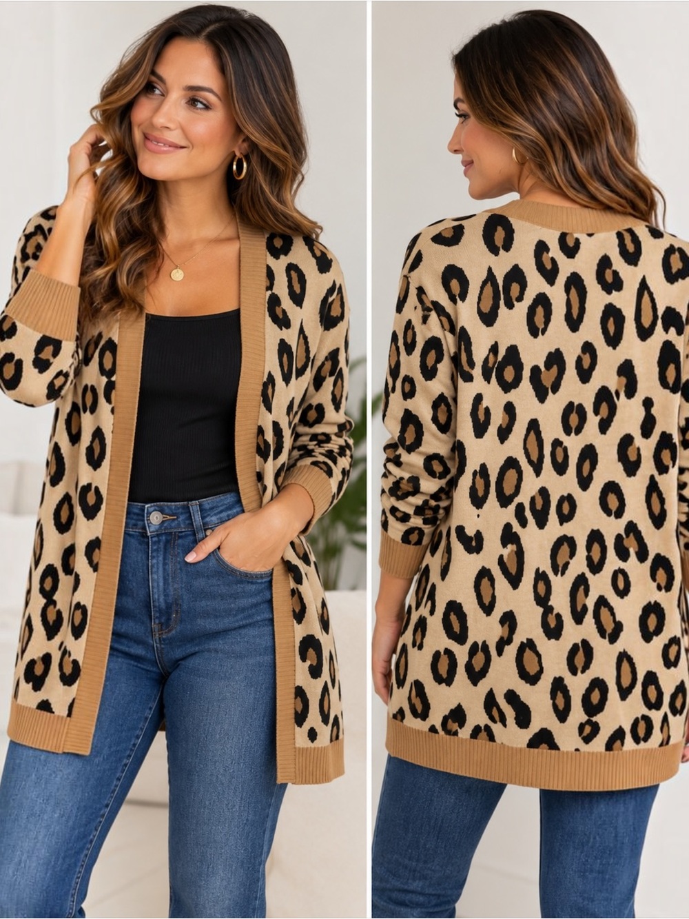Apt. 9 Leopard Print Open Front Long Cardigan Sweater Tan Black Women XL